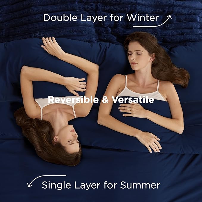 Bedsure Gentlesoft™ 2-in-1 Queen Comforter Set and Detachable Fluffy Blanket, Navy Blue Bedding Set for All Season Use, SnapTech Design for Space Saving (Includes 2 Pillow Shams, 2 Pillowcases)