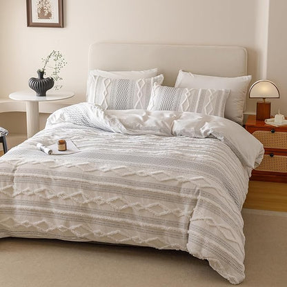 Luxlovery Boho White Comforter Set Twin Teens Kids Farmhouse White Black Jacquard Bedding Set Bohemian Country Blanket Quilts Durable Soft Breathable 3PCS Comforter Set Twin Bed