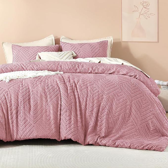 Litanika Grayish Pink Queen Comforter Set, 3 Pieces Tufted Boho Farmhouse Bedding Comforter Sets, Lightweight Fluffy Comforter Bed Set for All Season (90x90In Comforter and 2 Pillowcases)