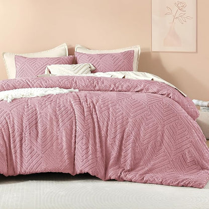 Litanika Grayish Pink King Size Comforter Set, 3 Pieces Tufted Boho Farmhouse Bedding Comforter Sets, Lightweight Fluffy Comforter Bed Set for All Season (104x90In Comforter and 2 Pillowcases)