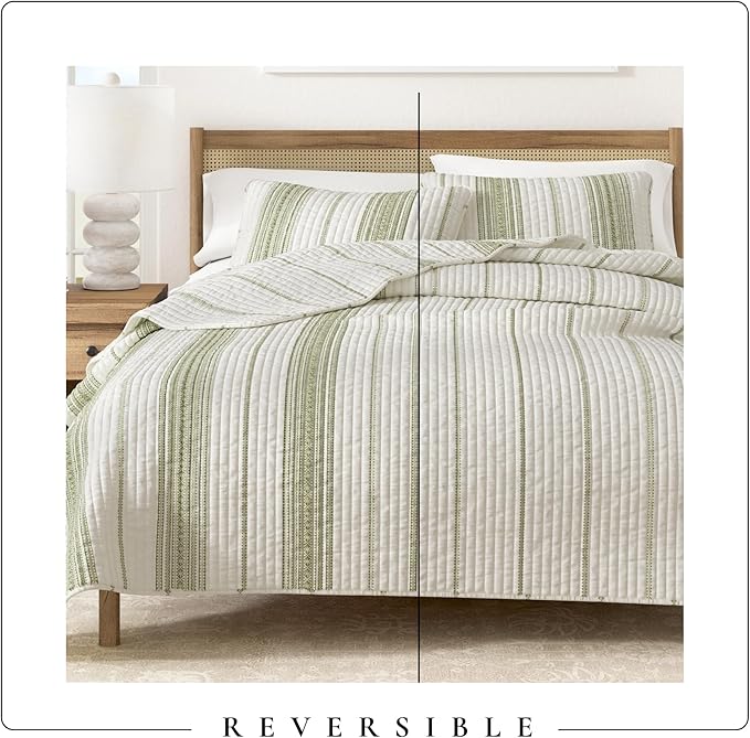 Great Bay Home Striped Quilt Set - 2-Piece Twin/Twin XL Size Farmhouse Bedding Set - Lightweight, All-Season, Reversible Bedspread (White/Green)