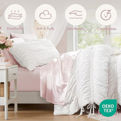 Intelligent Design King Comforter Set Ruched Shabby Chic Comforters for King Size Bed, All Season Lightweight Comforter King, French Country Bedding Set, Shams, Ella, King/Cal King, White, 3 Piece