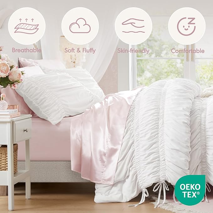 Intelligent Design Queen Comforter Set Ruched Shabby Chic Comforters for Queen Size Bed, All Season Lightweight Comforter Queen French Country Bedding Set, Shams, Ella, Full/Queen, White, 3 Piece