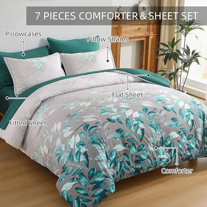 Anibedding 7 Pieces Teal Green King Bed in a Bag Set, Green Botanical Gradient Leaves Ultra Soft Microfiber Down Alternative Bedding Set with Sheets and Bedroom for All Season