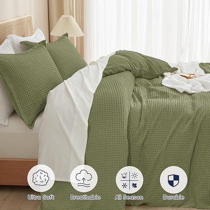 PHF Waffle Duvet Cover Set Twin/Twin XL Size, No Snagging Ultra Soft Luxury Textured Breathable Comforter Cover for All Season 2pcs, Durable Bedding Duvet Set with 1 Pillow Sham, 68"x90", Olive Green