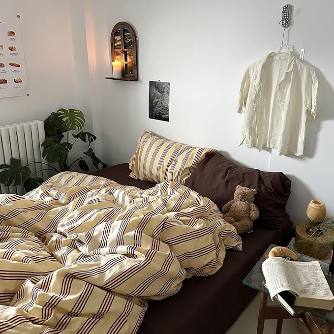 MKXI Twin Size Reddish-Brown & Yellow Striped Duvet Cover Set - 3 Piece Vintage Aesthetic Bedding Set, Cotton, Minimalist Design, Soft & Breathable Duvet Cover with Zipper Ties