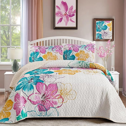 DJY Romantic Pink Teal Quilt Set Queen Size, 3 Pieces Colourful Floral Bedspread Set Bohemia Reversible Bedding Set Microfiber Lightweight Bedspread Coverlet Set for All Season 90"x96"