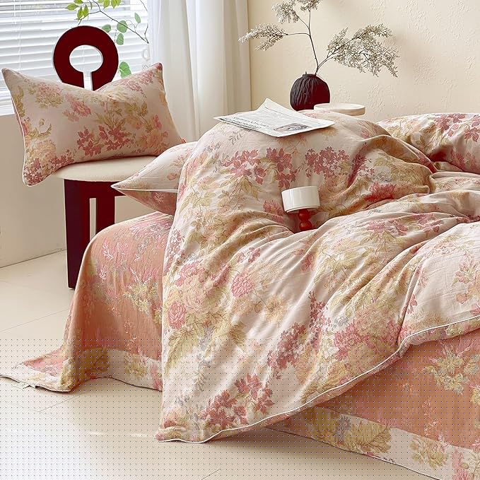 VM VOUGEMARKET Vintage Floral Double Gauze Duvet Cover Set Queen – Blush Peach Jacquard, Reversible Breathable Cotton Bedding, Rustic Pastoral Style for Cozy Family Bedrooms