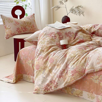 VM VOUGEMARKET Vintage Floral Double Gauze Duvet Cover Set Queen – Blush Peach Jacquard, Reversible Breathable Cotton Bedding, Rustic Pastoral Style for Cozy Family Bedrooms