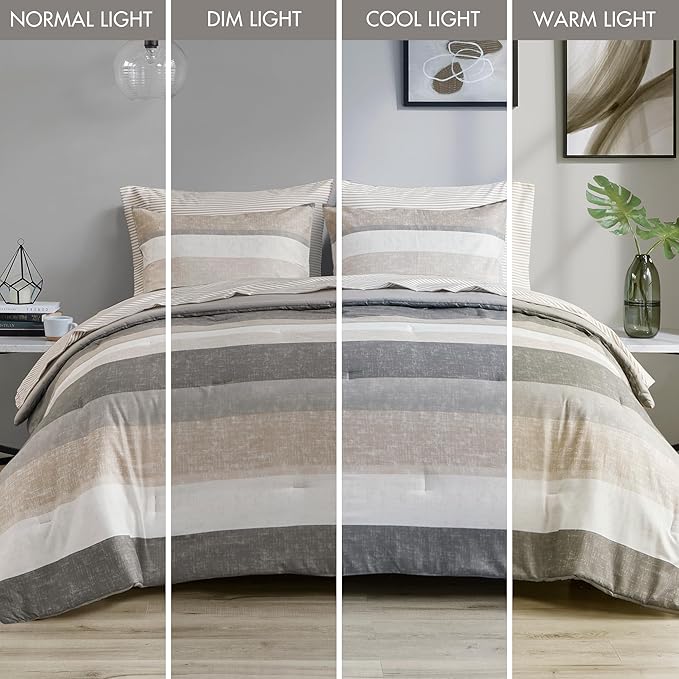 Madison Park Essentials King Comforter Set, Bed in A Bag Comforter & Sheet Set, Modern Casual Stripes Print, All Seasons, Soft Microfiber Bedding Makeover, Matching Shams, King Taupe/Grey 7 Piece