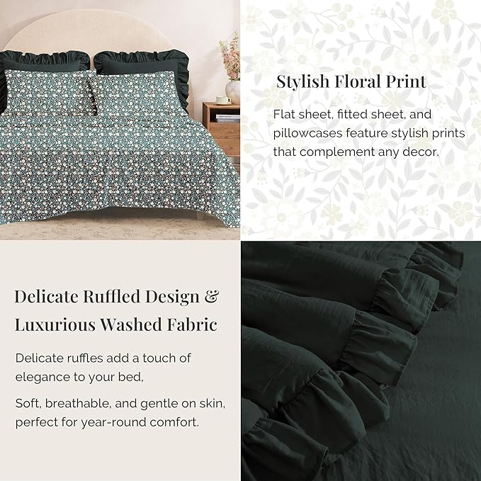King Comforter Set - 7 Pieces Ruffle Forest Green Bedding Sets, Shabby Chic Farmhouse Bed in a Bag with Ruffle Comforter, Floral Sheets, Pillowcases & Shams