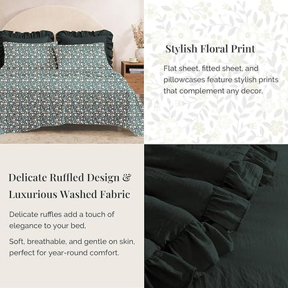 Queen Comforter Set - 7 Pieces Ruffle Forest Green Bedding Sets, Shabby Chic Farmhouse Bed in a Bag with Ruffle Comforter, Floral Sheets, Pillowcases & Shams