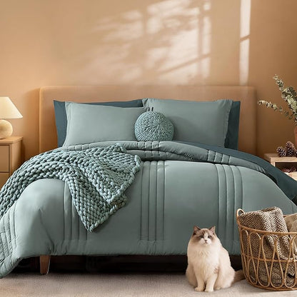 Monbix Oversized King Size Comforter Set - 7 Pieces Sage Green Bed in a Bag Oversized King Bedding Sets with Comforters, All Seasons Comforter Bed Set with Sheets, Pillowcases & Shams