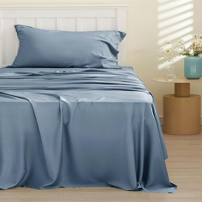 Bedsure Cooling Sheets Twin, Rayon Derived from Bamboo, PureWoven, Breathable & Soft Twin Sheets Set, Deep Pocket Up to 16 Inches, Hotel Luxury Silky Bedding for Hot Sleepers, Dusty Blue
