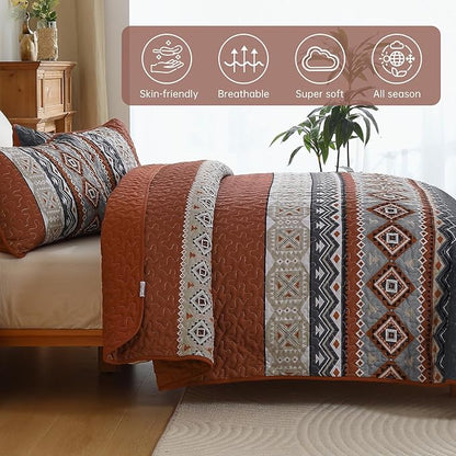 WONGS BEDDING 3 Pieces Quilt Set King Size, Burnt Orange Quilt Bedspread Lightweight Bohemian Coverlet Set with 2 Pillowcase, Soft Geometry Printed Bedding Set King for All Season 104"×90"