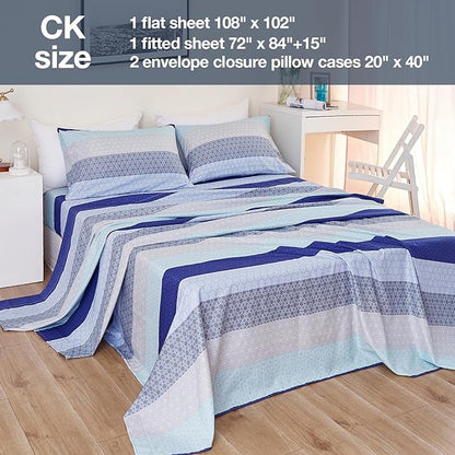 JSD Striped Sheet Set Cal King, 4 Piece Soft Printed Microfiber Sheet Set Extra Deep Pocket
