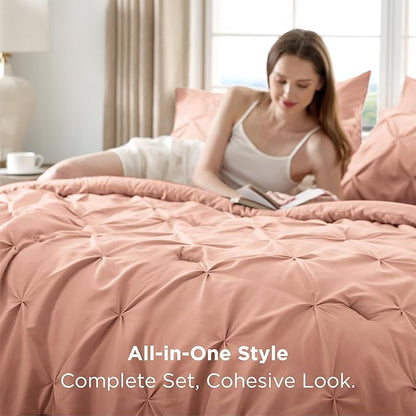 Bedsure Queen Comforter Set Dusty Pink - Bed in a Bag Queen Size Bedding 7 Pieces, GentleSoft™ Pintuck Bed Set Gift for Family, Pinch Pleat All Season Comforter with Sheets, Pillowcases & Shams