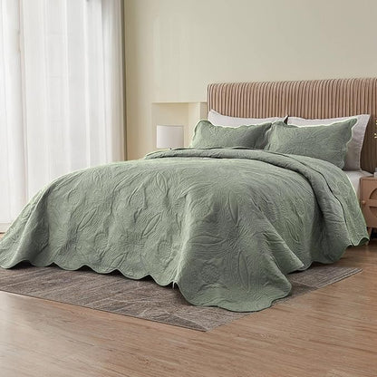 Kingnex Oversized King Bedspreads 128x120 for Extra Wide Tall King or Cal King Bed Ultrasonic Quilted Coverlet Set 3 Piece Include 1 Quilt 2 Pillowcases Sage