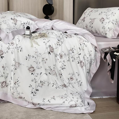 VM VOUGEMARKET Lilac Flower Duvet Cover Queen Silk-Like Smooth & Cool Eucalyptus Lyocell Duvet Cover with 2 Pillow Shams,Moisture Wicking Cooling Bedding Set for Summer-Queen,Purplish Grey