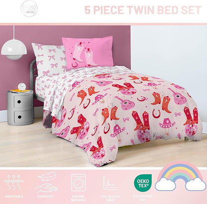Jay Franco Kids Comforter Set Includes Sheets and Pillow Covers - Soft and Cozy Bed Set for Stylish Room Decor, Pink, Cowgirl Boots & Bows 5 Piece Twin Size Bedding