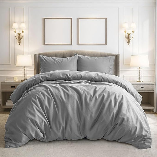 Pure Bedding Duvet Cover King Size - 3 Pieces Extra Soft Bedding Set, Includes 1 Duvet Cover 104x90 Inches with Zipper Closure & 2 Pillow Shams, Comforter Not Included, Light Grey