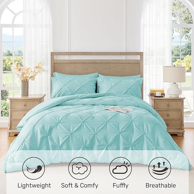 UNIKOME King Size Comforter Set Aqua Blue - Ultra Soft Boho Pintuck Down Alternative Bedding Set for All Seasons, 3 Pieces Lightweight Warm Pinch Pleat Bed Set with Comforter, 2 Pillowcases