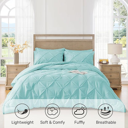 UNIKOME King Size Comforter Set Aqua Blue - Ultra Soft Boho Pintuck Down Alternative Bedding Set for All Seasons, 3 Pieces Lightweight Warm Pinch Pleat Bed Set with Comforter, 2 Pillowcases