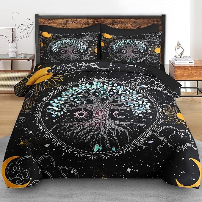 Comforter Set Full Size, Trippy Hippie Tree of Life 7 Pcs Bedding for Kids and Adults, Sun and Moon Bohemian Bed Sheet Sets with Fitted Sheet 2 Pillowcase & 2 Sham for Bedroom Bed Decor