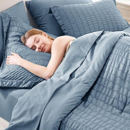 CozyLux Full Size Comforter Sets with Sheets 7 Pieces, Grayish Blue Seersucker Bed in a Bag Textured Luxury Soft Dusty Blue Bedding Sets with Down Alternative Comforter, Sheets, Pillowcases & Shams