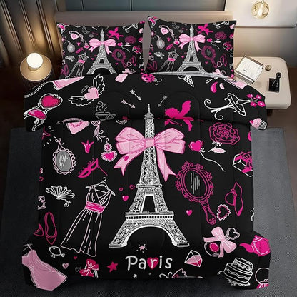 Eiffel Tower Comforter Set King Size,Eiffel Tower Bedding Set for Girls, Pink and Black Paris Themed Comforter Bedroom Decor,Paris Quilt French Style Romantic Bedding