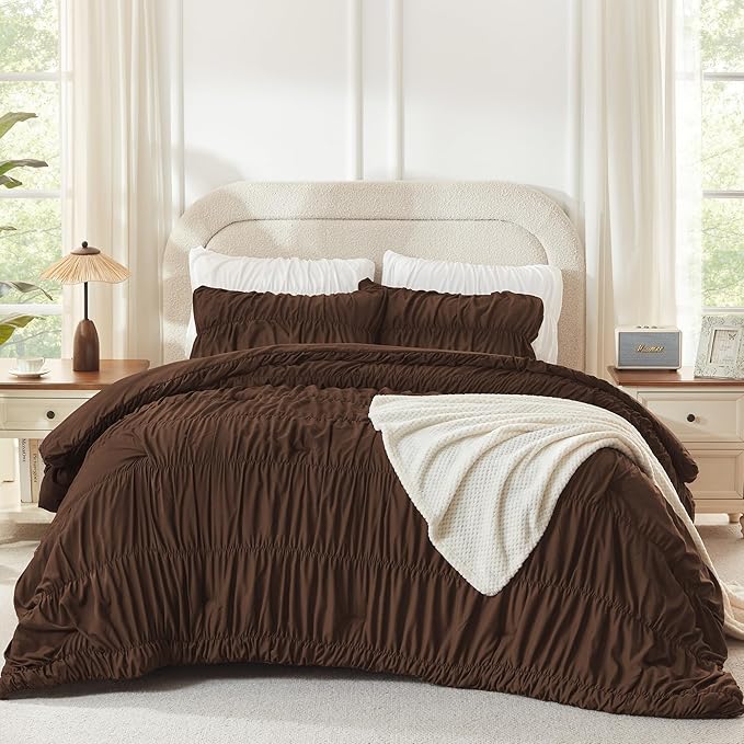 Andency Ruched Brown Full Size Comforter Sets, Shabby Chic Pleatd Bedding Sets 3 Pieces, Lightweight Soft Boho Ruffle Bed Set for Girls, Kids, Women, All Season