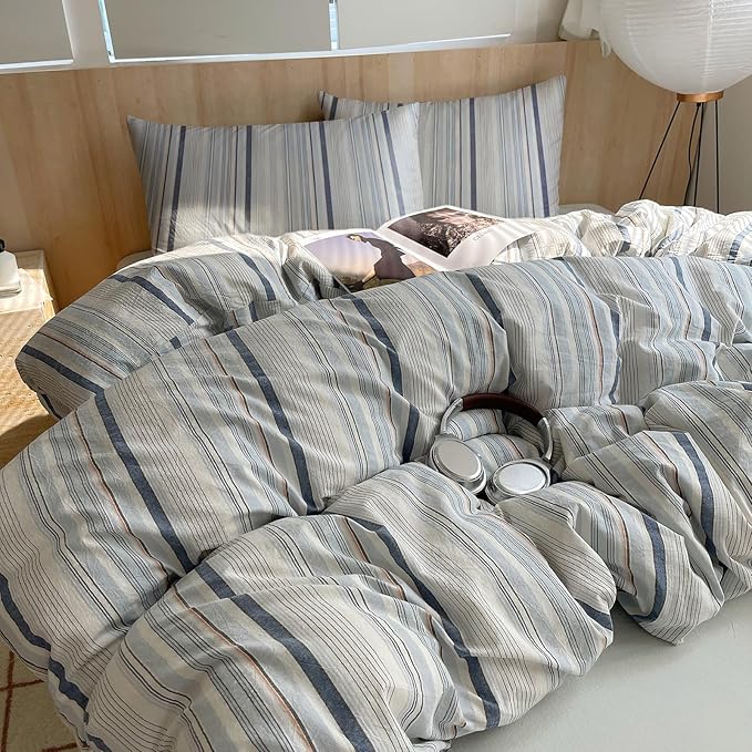 EAVD Modern Style Striped Duvet Cover King 100% Washed Cotton Colorful Wide and Pinstriped Bedding Duvet Cover Set with 2 Pillowcases Farmhouse Geometric Bedding Set with Zipper for All-Season