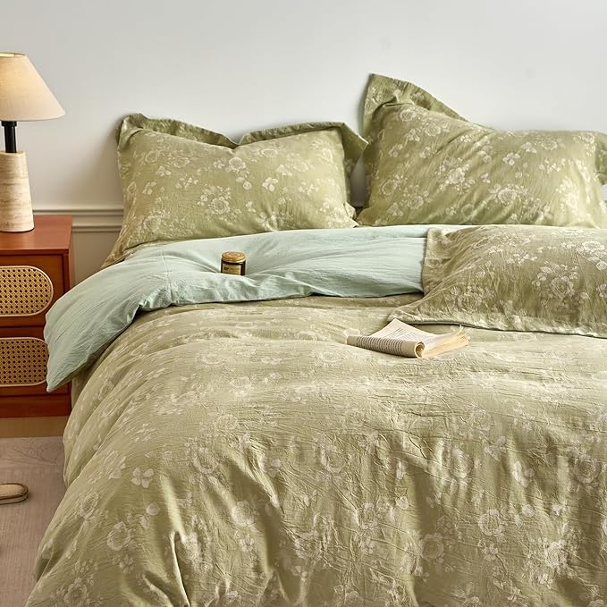 mixinni 100% Washed Cotton Cover Set, Reversible Vintage Green Floral Butterfly Jacquard Textured Comforter Cover, Boho Farmhouse Bedding Set with Zipper Closure for All Season, Queen Size