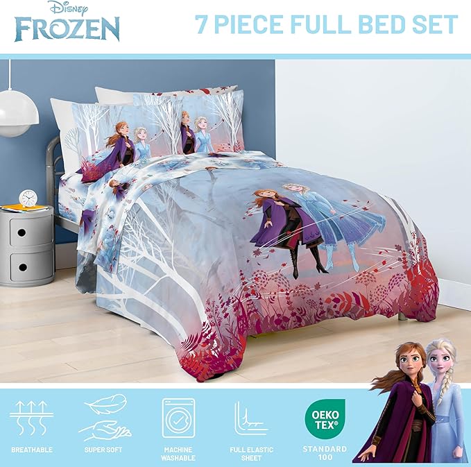 Disney Frozen 2 Forest Spirit 7 Piece Full Bed Set - Includes Reversible Comforter & Sheet Set - Bedding Features Elsa and Anna - Super Soft Fade Resistant Microfiber - (Official Disney Product)