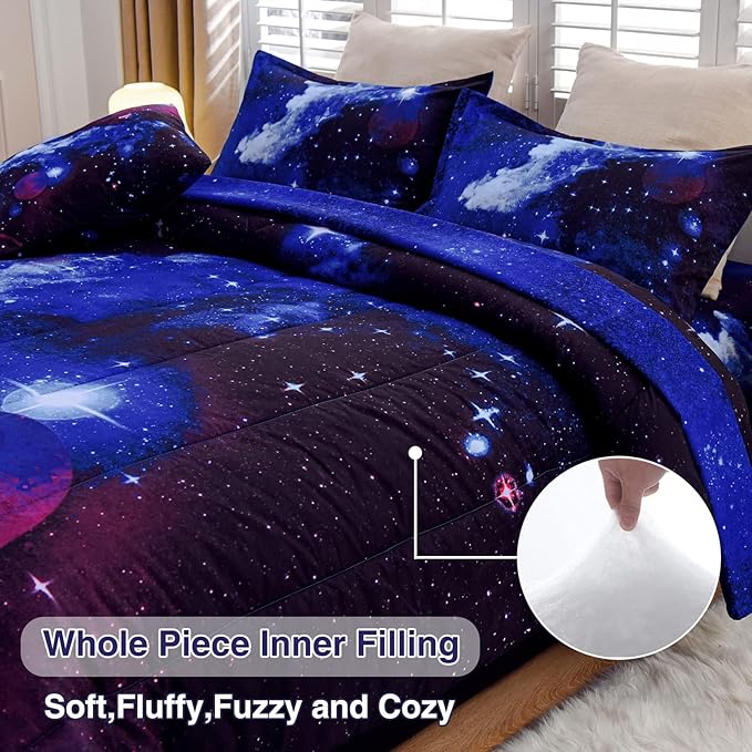 A Nice Night Galaxy 6Pcs Bedding Sets Outer Space Comforter Bed in a Bag 3D Printed Quilt,for Children Boy Girl Teen Kids,Queen 6Pcs