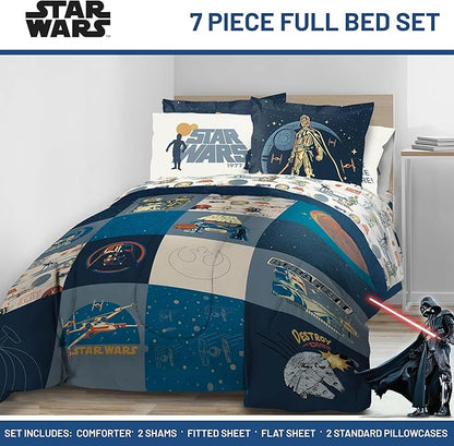 Jay Franco Kids Comforter Set Includes Sheets and Pillow Covers - Soft and Cozy Bed Set for Stylish Room Decor, Blue - Star Wars 01, 7 Piece Full Bedding