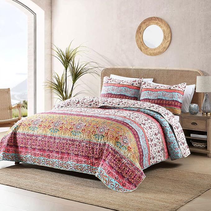Boho Style Twin Size Quilt Set Reversible Bohemian Floral Strip Quilt Beddding Set, Soft and Lightweight Bedspread for All Season,XL Twin Bed Coverlet with 1 Matching Pillow Sham (2 Pieces)