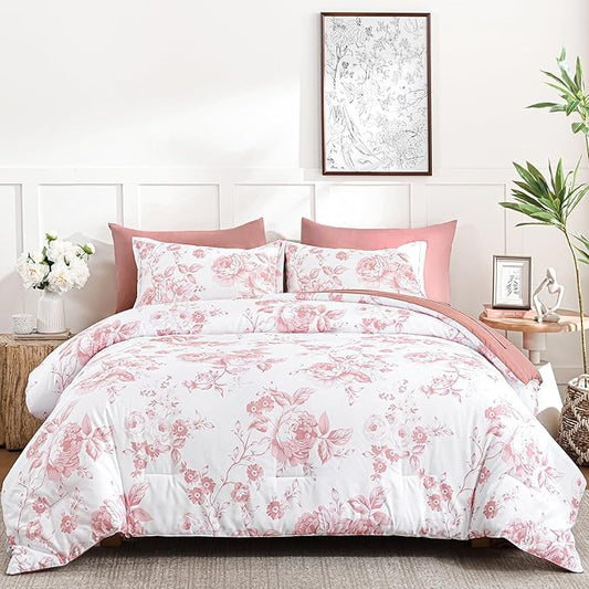 Luxudecor Floral Queen Comforter Set 7 Pieces Bed in a Bag, Pink Rose Romantic Flower Bed Set, Soft Reversible Comforter with Sheet Set 90"x90"