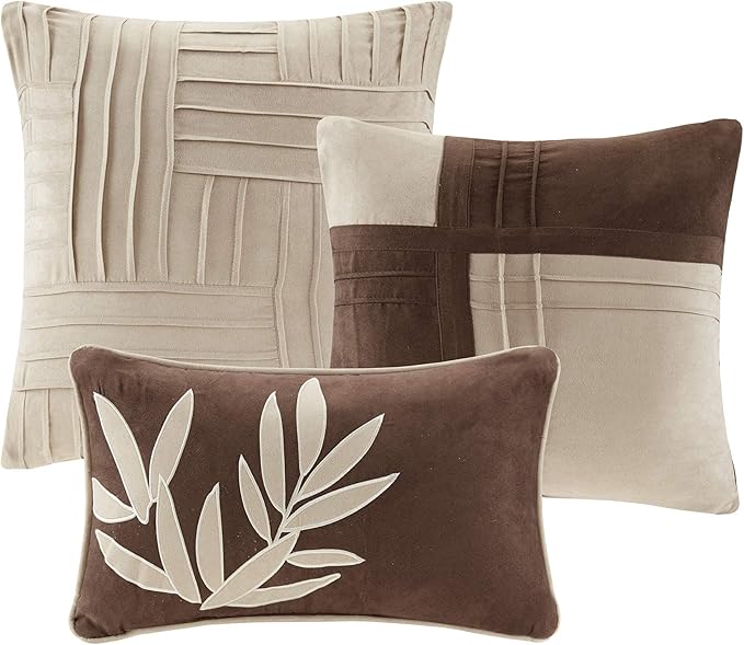 Madison Park Cozy Comforter Set Casual Blocks Design All Season, Matching Bed Skirt, Decorative Pillows, Cal King(104"x92"), Dune Suede, Beige Brown, 7 Piece