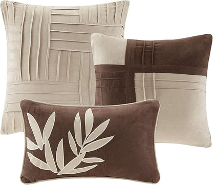 Madison Park Cozy Comforter Set Casual Blocks Design All Season, Matching Bed Skirt, Decorative Pillows, Cal King(104"x92"), Dune Suede, Beige Brown, 7 Piece