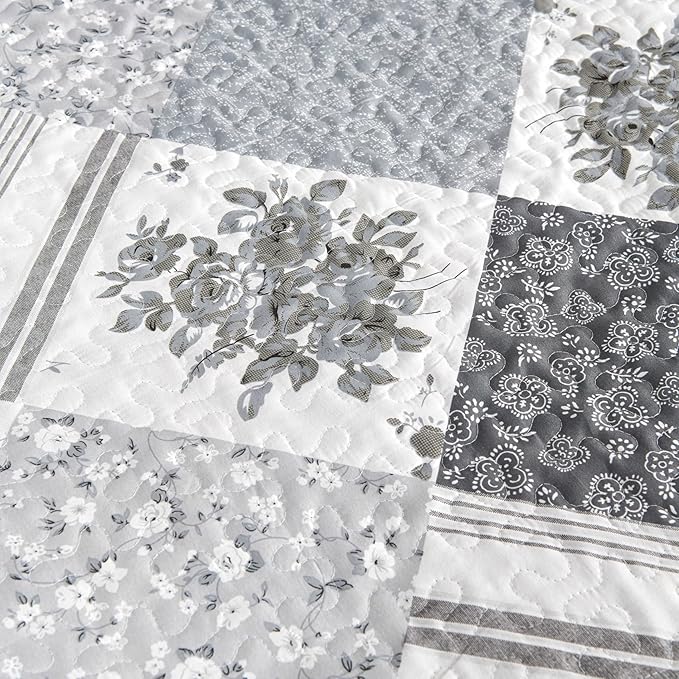 Cmfshape Summer Floral King Bedspread,Romantic Grey Quilt Set King,Reversible Stitched Bedding Set All Season,Soft Lightweight Coverlet with Pillow Cases (Dark Grey, King102 x90)