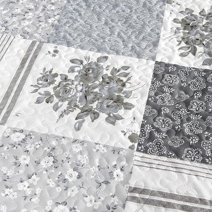 Cmfshape Summer Floral Queen Bedspread,Romantic Grey Quilt Set Full,Reversible Stitched Bedding Set All Season,Soft Lightweight Coverlet with Pillow Cases (Dark Grey, Queen90 x90)