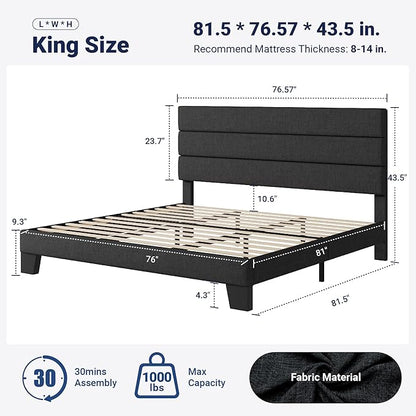 Allewie King Size Platform Bed Frame with Fabric Upholstered Headboard Gray | Wooden Slats Support, Fully Upholstered Mattress Foundation, No Box Spring Needed, Easy Assembly, Noise-Free, Dark Grey