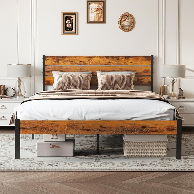 OLIXIS Queen Platform Bed Frame with Wooden Headboard and Footboard, Heavy Duty Metal Slat Mattress Base, 800 LBS Weight Capacity, Sturdy Stable Structure, No Box Spring Needed, Quick Simple Assembly