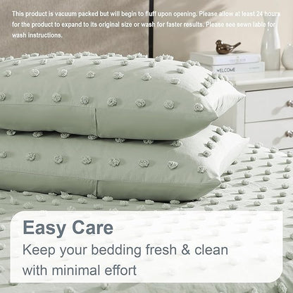 Swift Home King Sage Comforter Set - Decorative Tufted Pom Poms Bedding Set - 3 Pieces Bed Linen, 1 Comforter and 2 Pillow Shams