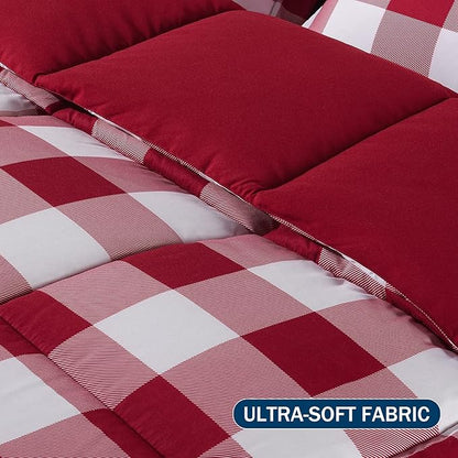 downluxe Lightweight Plaid Comforter Set (Queen) with 2 Pillow Shams - 3-Piece Set - Red/White Plaid - Down Alternative Reversible Comforter