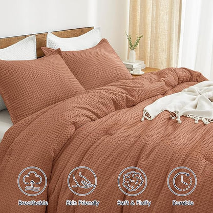 PHF Ultra Soft Waffle Weave Comforter Set King Size, 3 Pieces Lightweight Breathable Comfy Bedding Set, Comfy Textured 1 Comforter with 2 Pillow Shams, Terra Cotta