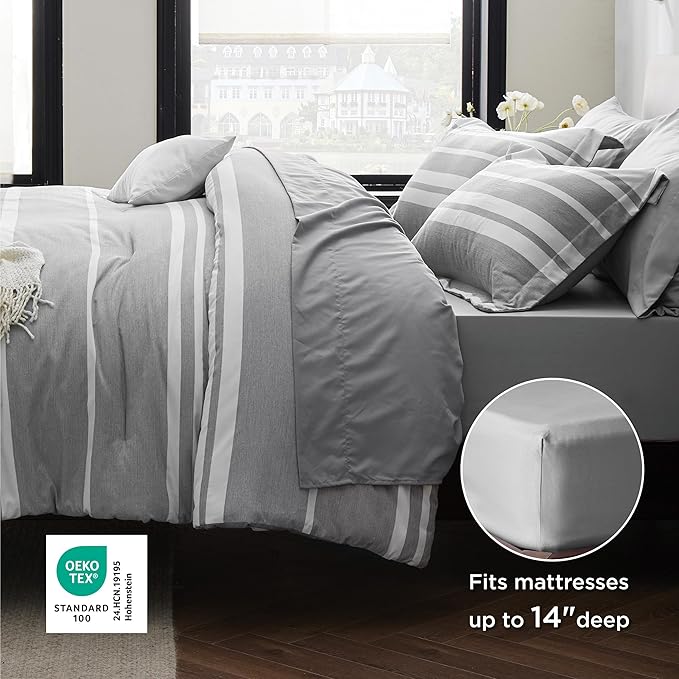 Bedsure Full Comforter Set 7 Pieces, Grey Striped Bedding Set for All Seasons, Reversible, Cationic Dyeing Bed in a Bag with Comforter, Sheets, Pillowcases & Shams