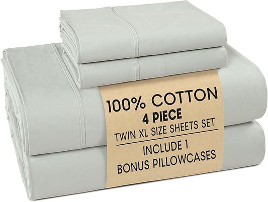 Casa Platino Twin XL Percale Sheet Set– 4 Piece 100% Cotton Sheet Set Twin XL, with 15” Deep Pocket Fitted Sheet, Crisp Weave for Cool Cozy Sleep, Soft & Breathable, Everyday Sheets – Silver
