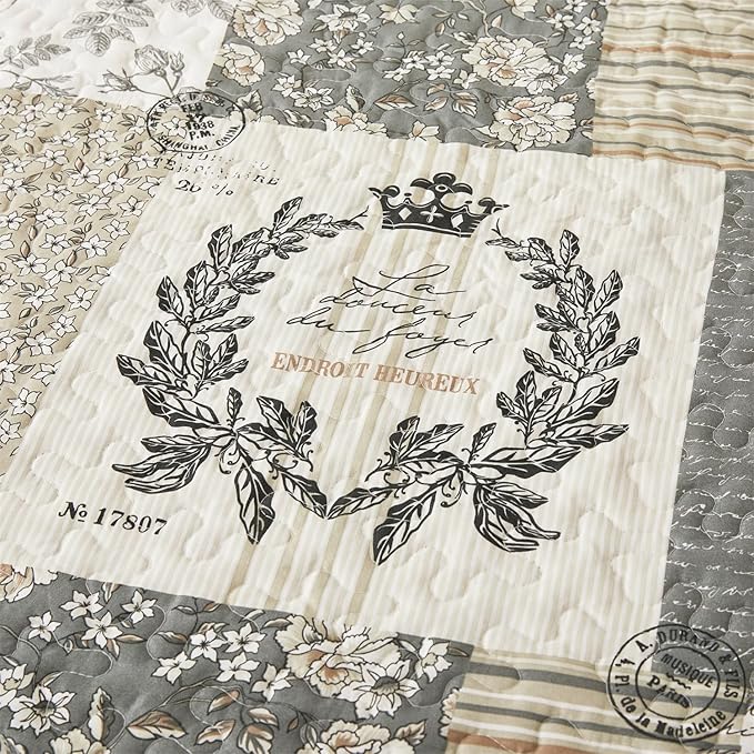 Cmfshape Floral Quilt Queen,3-Pcs Bird Pattern Queen Set,Lightweight Bedspread for Size Bed,Grey Plaid Farmhouse Reversible Bed All Season,Country Quilted Blanket(Grey&White Queen90”x90”)